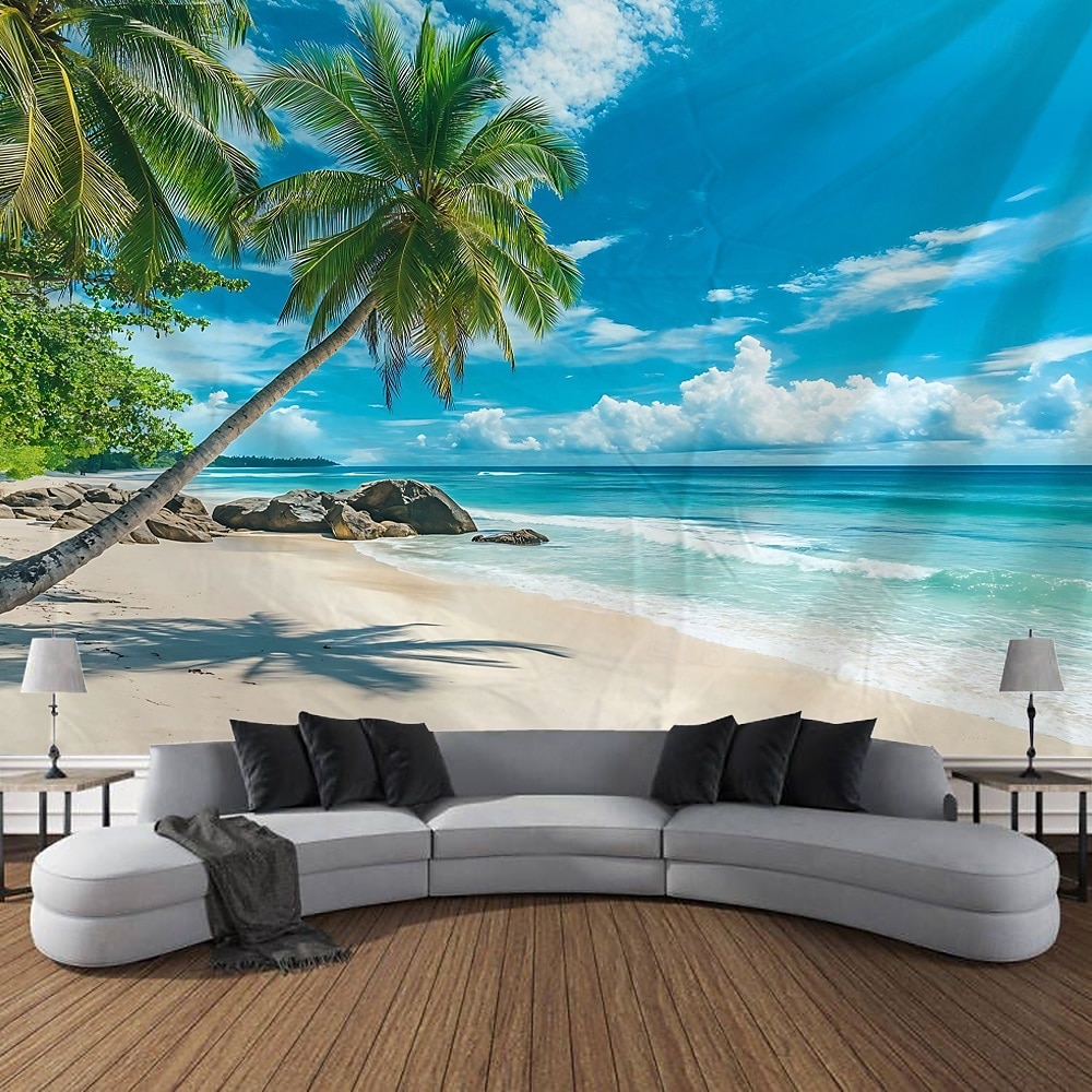 strand hav kokospalmer havutsikt soloppgang landskap billedvev dekorativ kunst teppe gardin hengende hjem soverom stue dekorasjon 2025 - $14.99 –P5