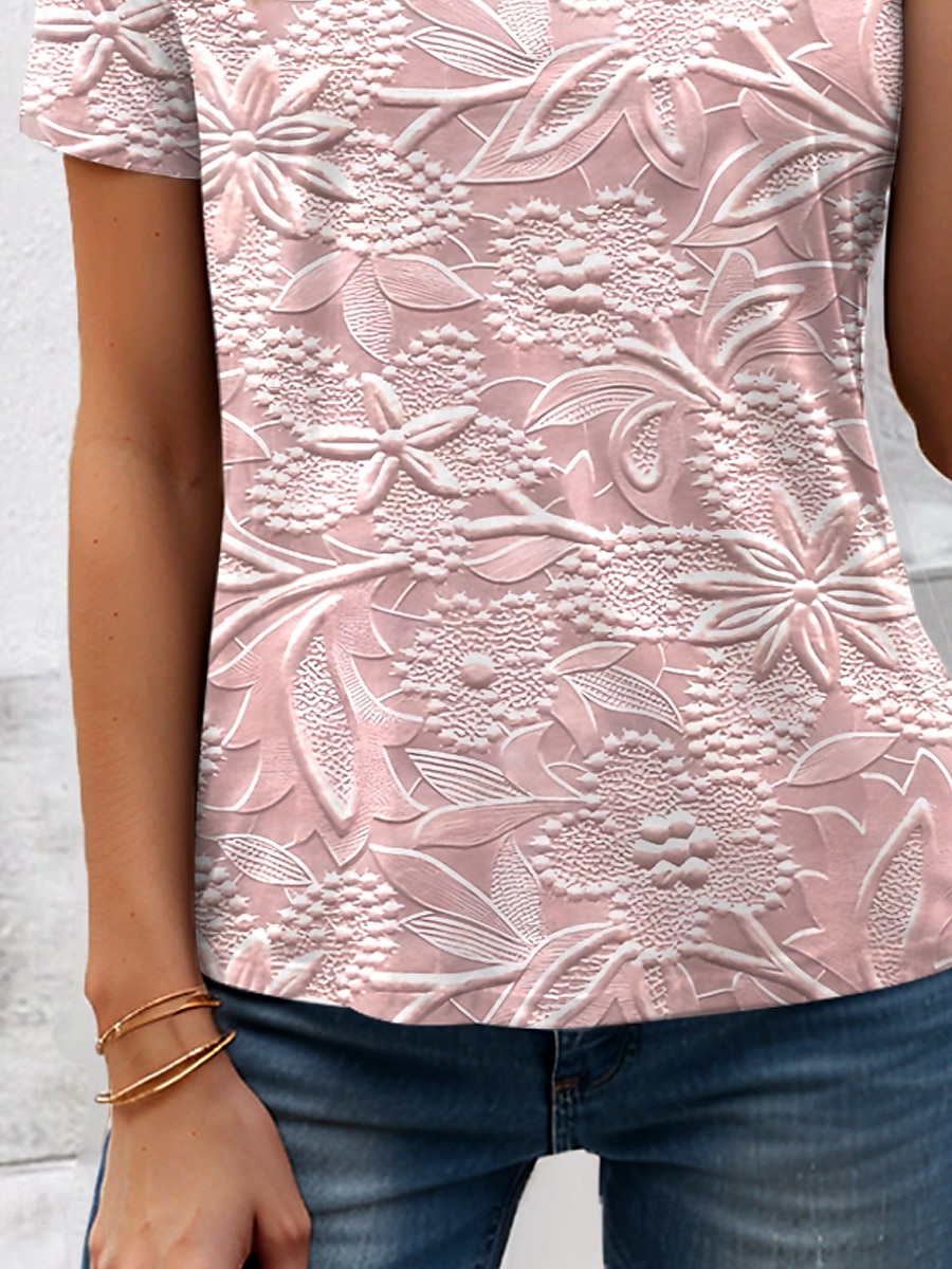 Women's T Shirt 3D Print Floral Graphic Plants Vintage Stylish Classic Short Sleeve Crew Neck Round Neck Regular Tops Daily Print Pink Khaki Light Blue Summer 2025 - $19.99 –P6