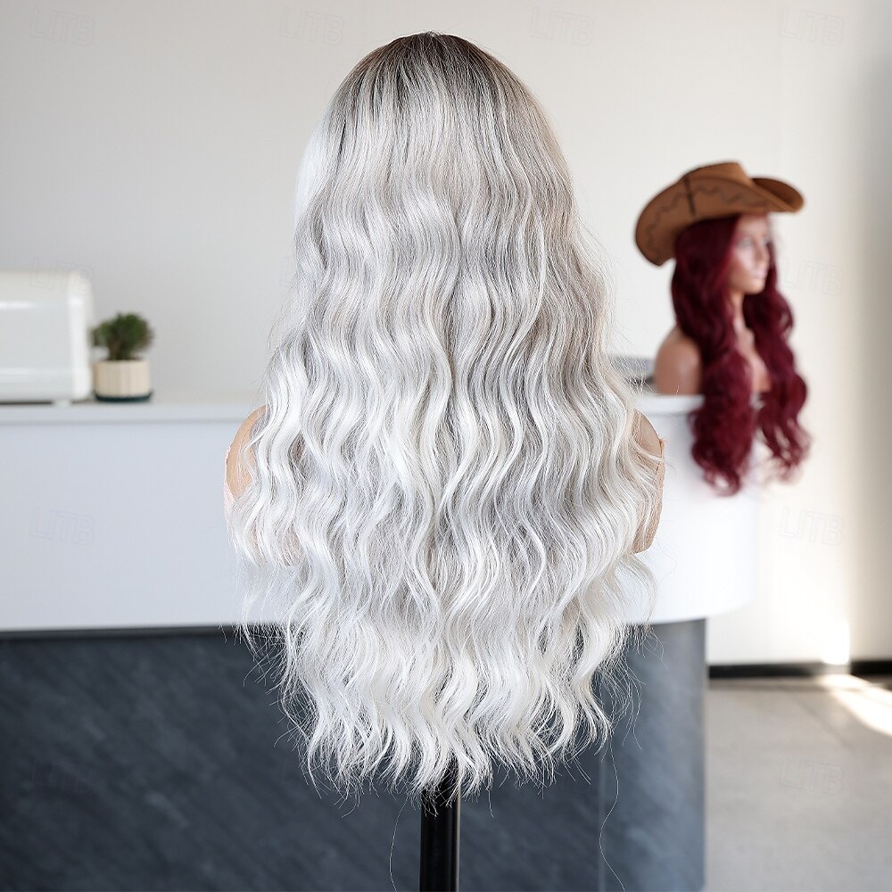 Perruque en dentelle synthétique Bouclé Style 24 pouce Gris Raie au milieu partie U Perruque Femmes Perruque Gris argenté de 2025 ? $39.99 –P5