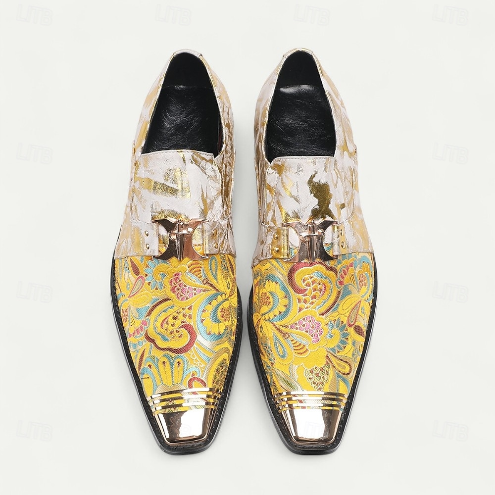 Men's Gold and White Floral Design Dress Shoes–Elegant Formal Footwear for Weddings and Gala Events 2025 - $119.99 –P2