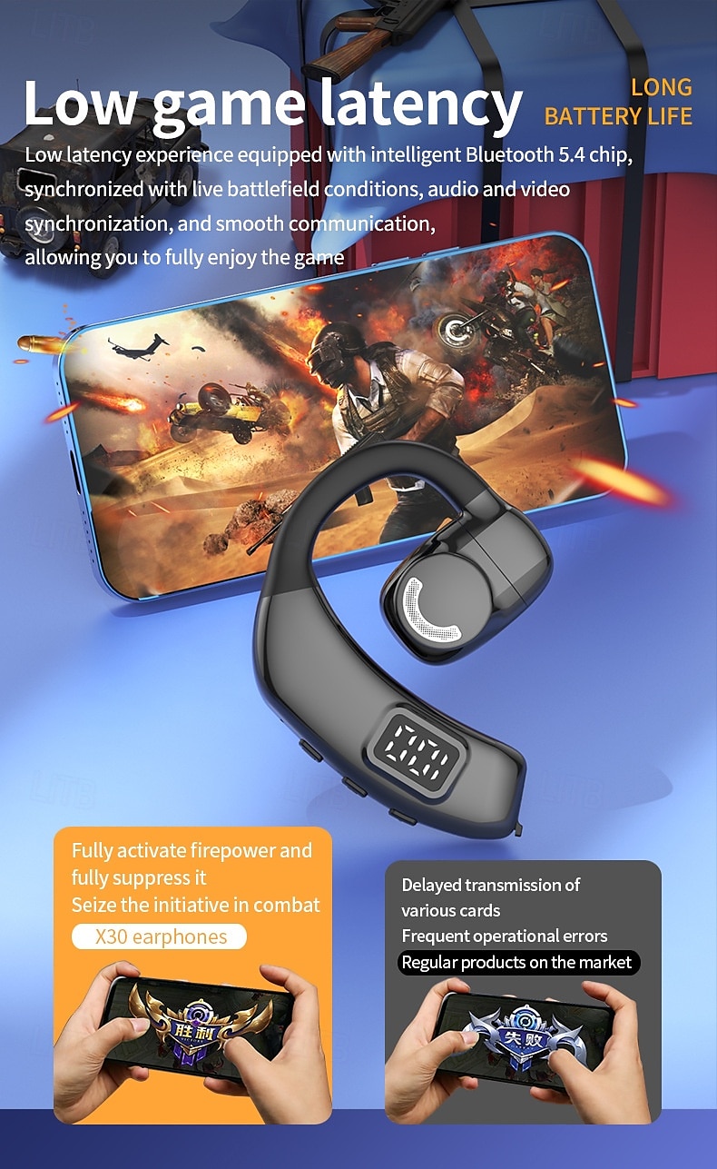 X30 Bluetooth 5.4 Wireless Ear Hook Headphones – LED Display, Low Latency, Lightweight Sports Earbuds with Mic for Gaming & Mobile Devices 2025 - $31.99 –P11