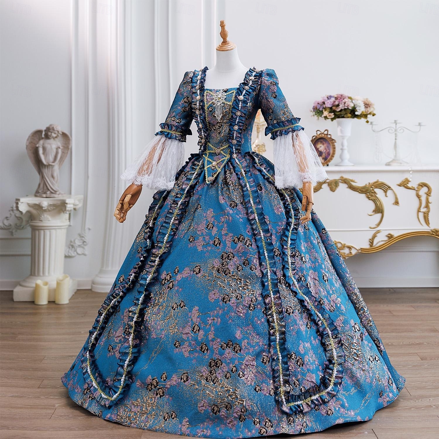 Vintage Rokokoo Renessanssi Maxi Mekot Normaali Juliet hiha Prinsessa Morsian Laskostettu Rimpsu Prinsessa Pyöreä kaula-aukko Naamiaispuku Naisten Halloween Karnevaali Naamiaiset Juhla Halloween 2026 - $294.29 –P3