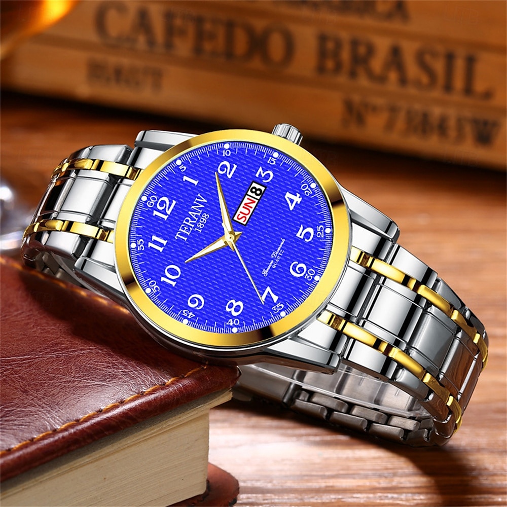 Ceas de mână bărbătesc la modă, cu curea din oțel, cu curea de cuarț, design simplu, cadran circular, calendar dual, impermeabil IPX7, cu lumină de noapte, ceas de afaceri 2025 - $12.99 –P5