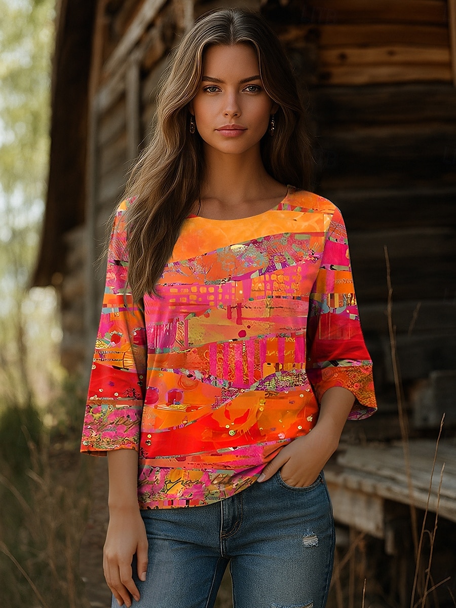 Dame Bluse Grafisk Abstrakt Bohem Årgang Etnisk 3/4 ermer Crew-hals Vanlige topper Daglig Ferieklær Trykt mønster Blå Lilla Oransje Sommer Vår 2025 - $27.99 –P3