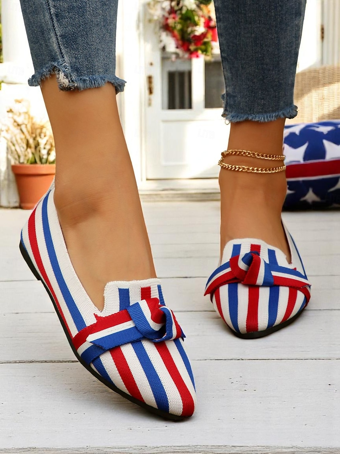 scarpe basse in maglia patriottiche da donna – scarpe basse a punta con fiocco per il giorno dell'indipendenza, picnic estivi e abbigliamento casual del 2025 a $19.99 –P5