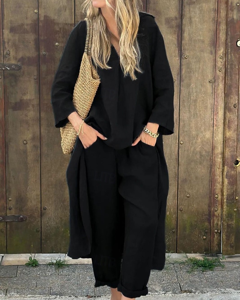 Femmes Actif Chemises en coton et lin Chemisier Ensembles de Pantalons manche longue Col en V Couleur Unie Fête Week-end Noir Blanche Jaune Été Coupe régulière de 2025 ? $37.99 –P3