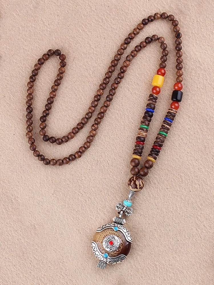 Pánský náhrdelník z přírodních dřevěných korálků s tibetským totemovým přívěskem, boho etnický styl s dlouhým řetízkem pro meditaci, jógu, duchovní setkání a ležérní letní outfity. 2026 - $10.36 –P3