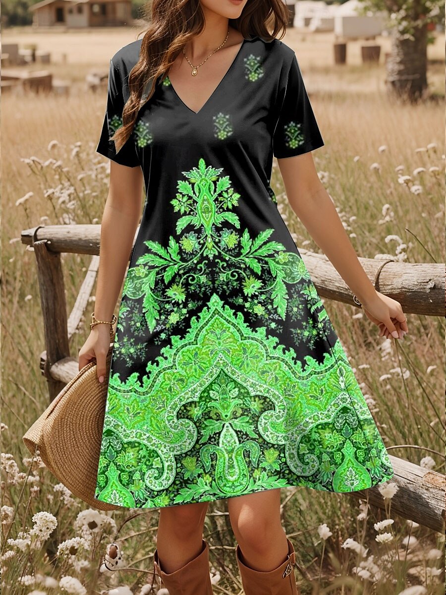 Rochie mini pentru femei, rochie tip tricou, rochie de vară, rochie de vacanță, casual, boho, zi de zi, ieșire în oraș, croială regulată, model paisley, mânecă scurtă, decolteu în V, albastru, violet, 2025 - $23.99 –P5
