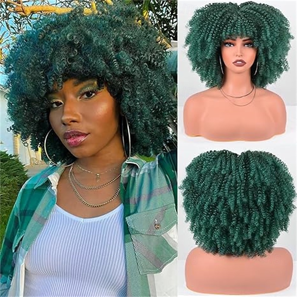 Perruques afro pour femmes noires 10 pouces 230g/pièce Perruque synthétique résistante à la chaleur avec des frisottis courts et une frange pour fête des années 70 Halloween de 2025 ? $25.99 –P5