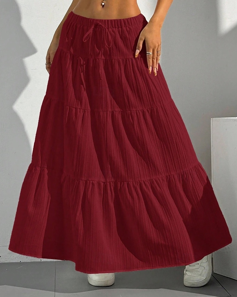Damen Rock Schwingend Mode Maxi Mittlere Hüfthöhe Röcke Einfach Gerafft Kordelzug Mikroelastisch Urlaub Ausgehen Schwarz Weiß Rot Braun Sommer Polyester 2025 - $17.99 –P5