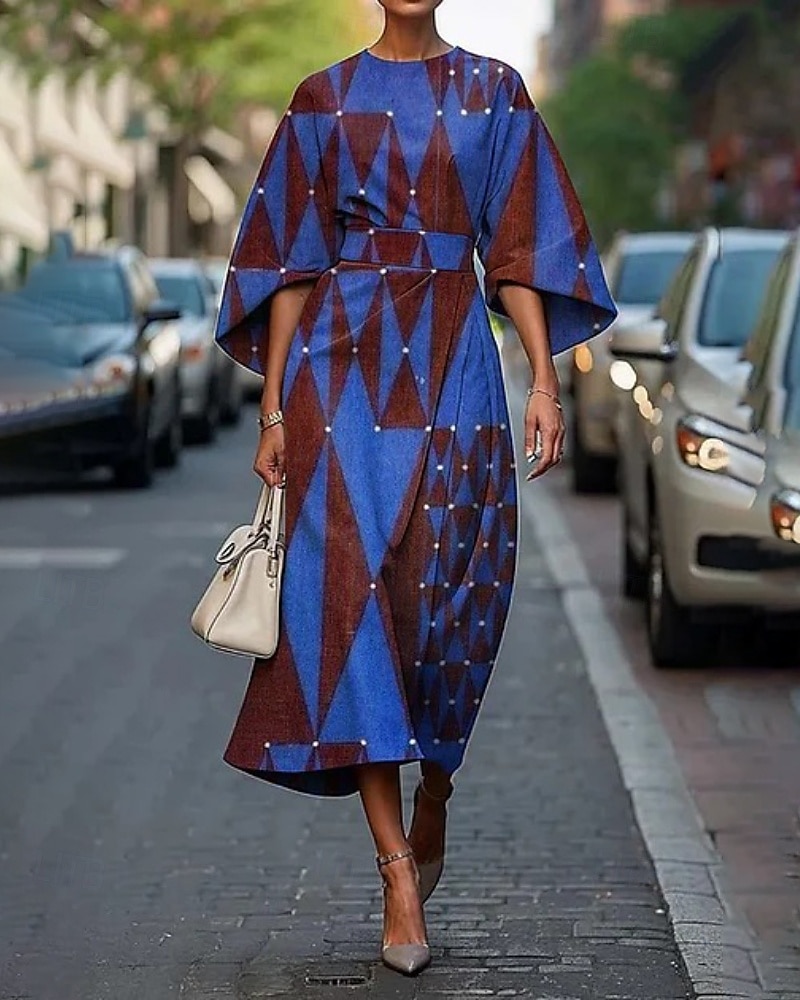 Dame Midikjole Floral kjole Print kjole Elegant Mote utendørs Feriereise Ut på byen Normal Blomsternål i krystall Halvlange ermer Crew-hals Rosa Fersken Grønn Mørkeblå Sommer 2025 - $25.99 –P3