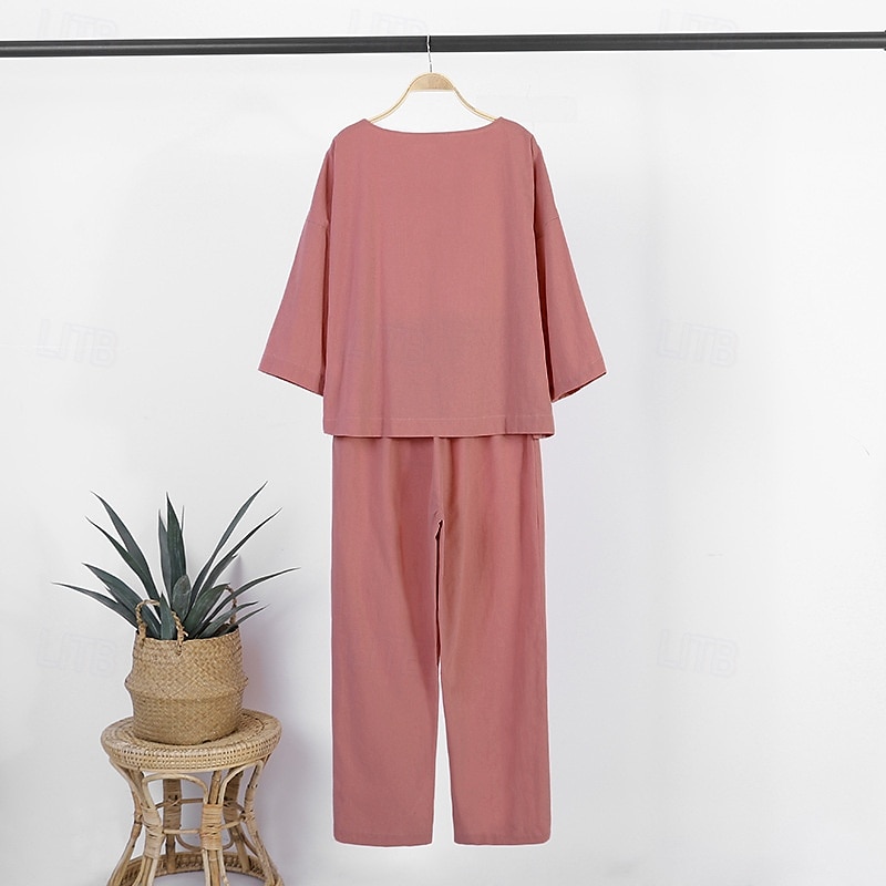 Dames Actief Basic Katoenen linnen overhemden Blouse Broeken Sets Lange mouw Strakke ronde hals Effen Kleur Buiten Uitgaan Blozend Roze Leger Groen Beige Zomer Normale pasvorm 2025 - $26.99 –P7