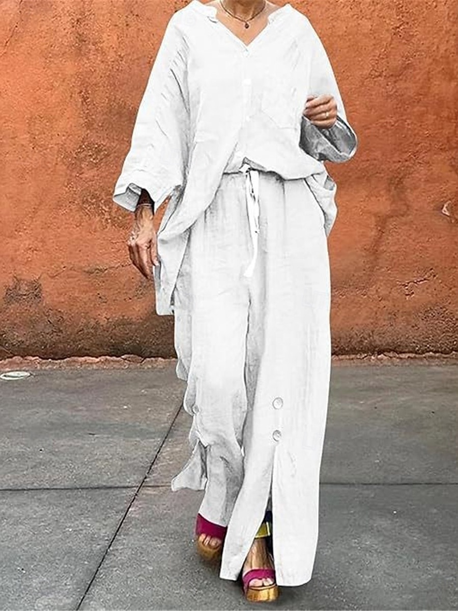Femmes Actif Basique Ensembles en coton et lin manche longue Col en V Couleur Unie Décontracté Quotidien Noir Blanche Jaune Été Coupe régulière de 2025 ? $28.99 –P4