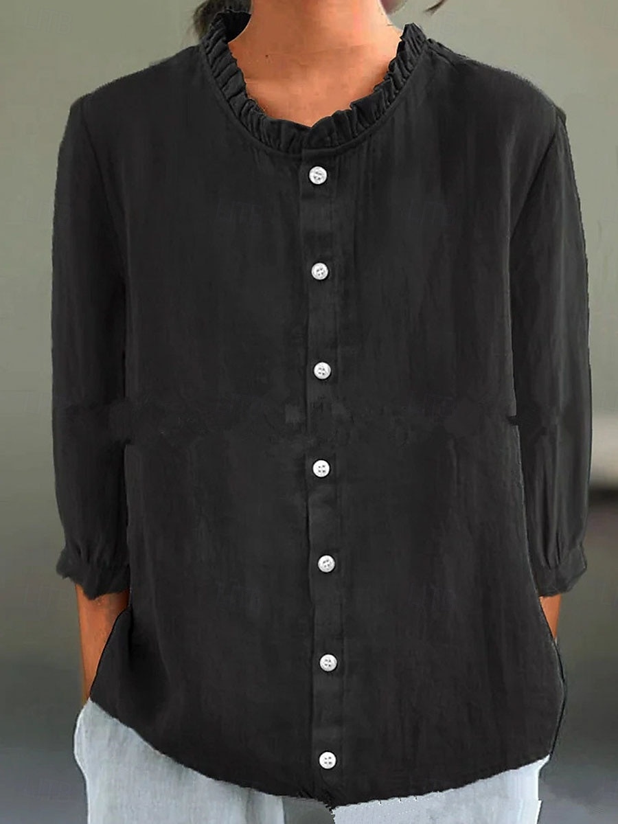 Women's Cotton Linen Blouse Solid Color Elegant Stylish Casual 3/4 Length Sleeve Crew Neck Regular Tops Daily Holiday Buttons Black White Yellow Pink Blue Summer 2025 - $26.99 –P3