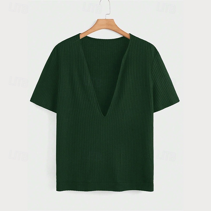 בגדי ריקוד גברים טי וופל חולצה קצרה טי שירטס חולצה עם שרוולים קצרים שרוולים קצרים V עמוק קיץ אחיד אופנתי מעצב בסיסי סרוג חופשה רחוב ליציאה שחור אדום כחול נייבי חולצה עליונה לגברים 2025 - $18.99 –P8