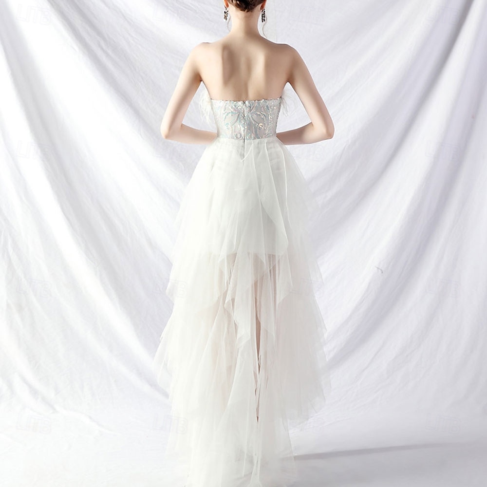 A-Line Quinceanera Dresses Elegant Dress Formal Wedding Asymmetrical Sleeveless Strapless Tulle Backless with Feather Embroidery 2025 - $84.99 –P17