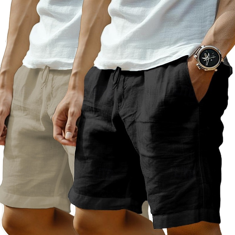 Confezione da 2 pantaloncini da uomo in lino, estivi, da spiaggia, con coulisse, tasca, elastico in vita, tinta unita, comodi, traspiranti, lunghezza al ginocchio, casual, per tutti i giorni, per le vacanze, alla moda, verde+grigio, nero+grigio del 2025 a $26.99 –P6