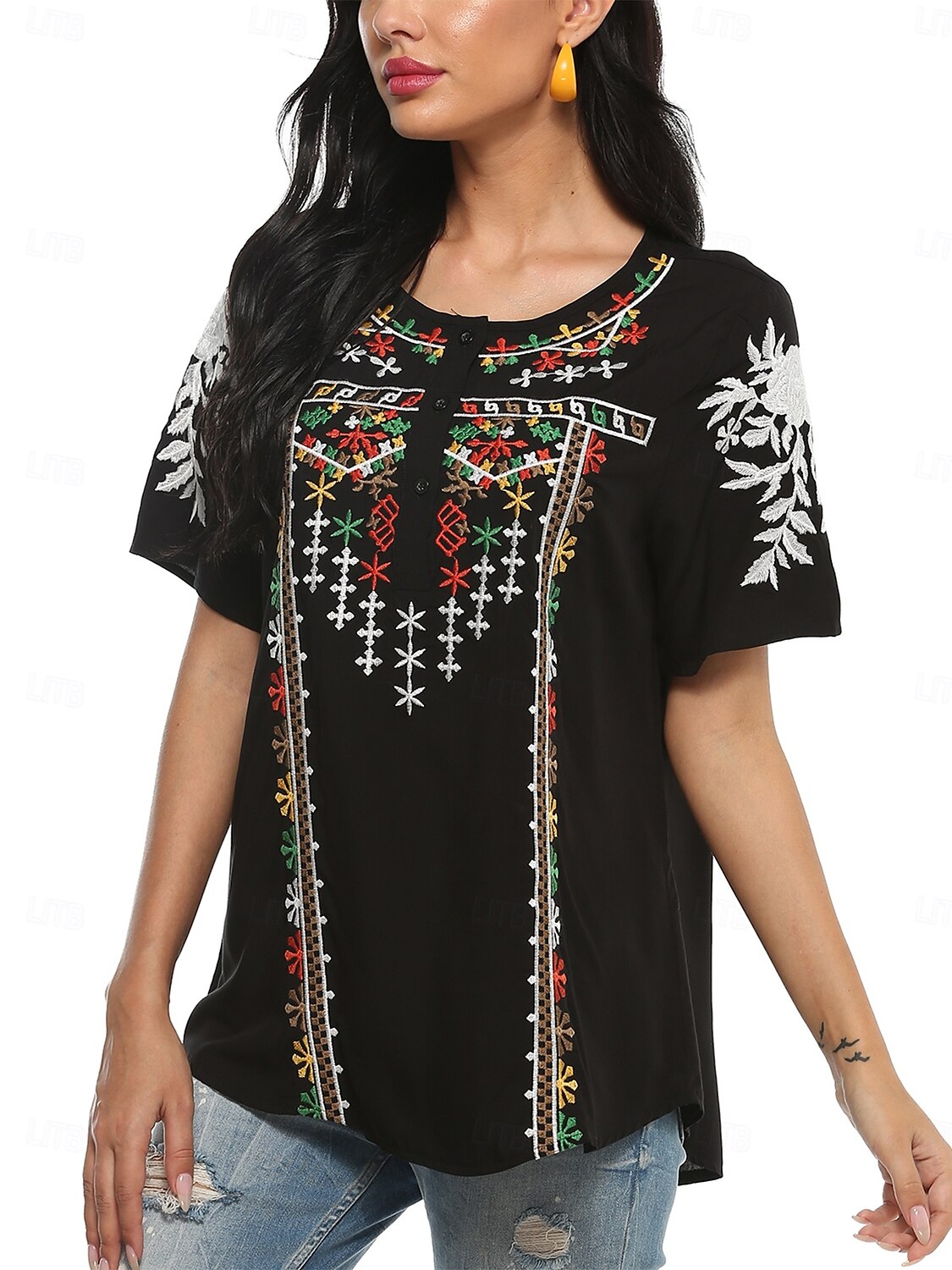 Dame Boho skjorte Blomstret Fritid Kortermet 3/4-ermer Crew-hals Vanlige topper Arbeid Daglig Ut på byen Broderi Svart Sommer 2025 - $23.99 –P2