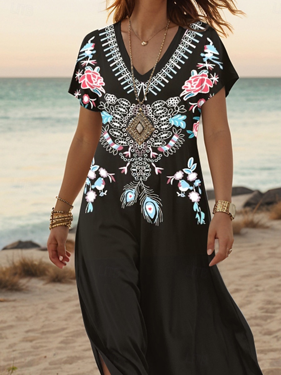 Damen Midikleid T-Shirt-Kleid Sommerkleid A Linie Kleid Urlaub Lässig Outdoor Ausgehen Strand Standard Passform Blumen Grafik Stammes Kurzarm V Ausschnitt Schwarz Sommer Frühling Herbst 2025 - $28.99 –P3