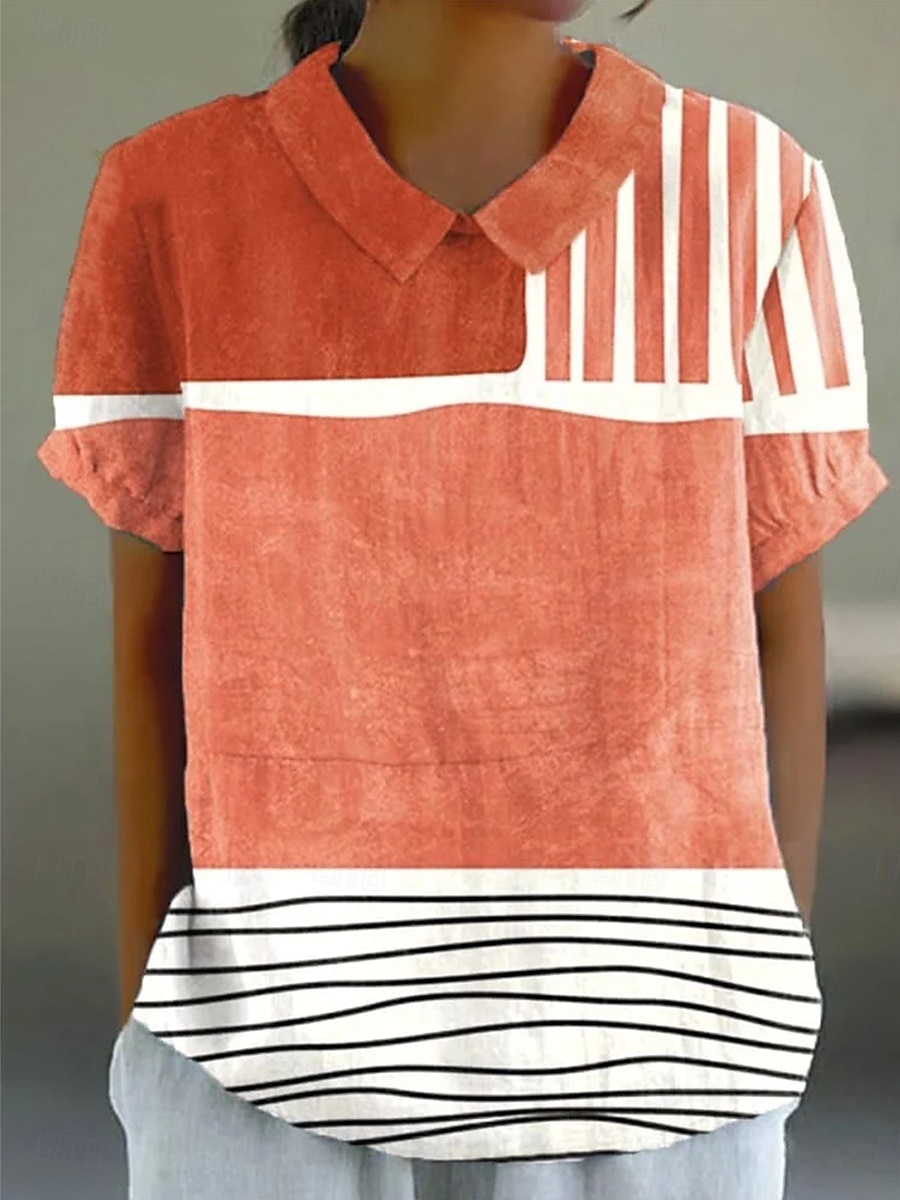 Women's Blouse Graphic Geometric Striped Elegant Daily Stylish Short Sleeve Shirt Collar Regular Tops Work Daily Holiday Lace Yellow Blue Orange Summer Spring 2025 - $23.99 –P3