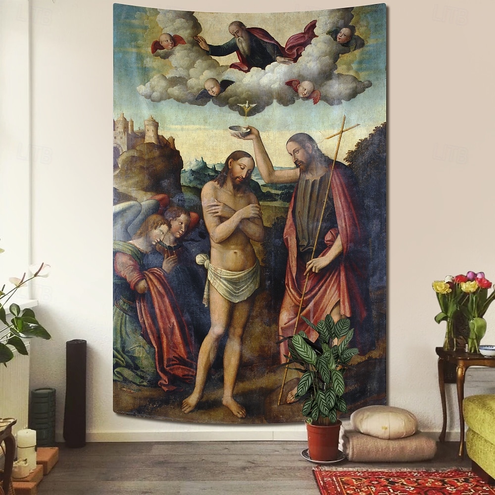 Middeleeuwse Wandtapijt Middeleeuwse Wandtapijt Religieuze Kunst Groot Muur Decor Fotografie Achtergrond Thuis Slaapkamer Woonkamer Decoratie De Doop van Christus 2026 - $19.99 –P1