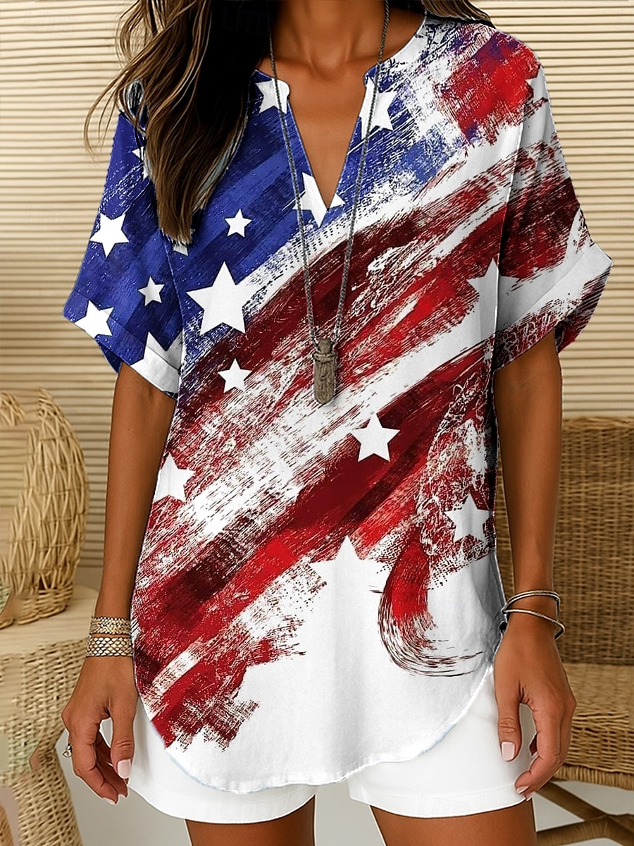 Vrouwen Patriottische Blouse Ombre Hart Vlag Elegant Dagelijks Stijlvol Korte Mouw V-hals Niet-blinde Hals Regelmatige Tops Werk Dagelijks Vakantie Wit Rood Blauw Zomer 2025 - $23.99 –P3