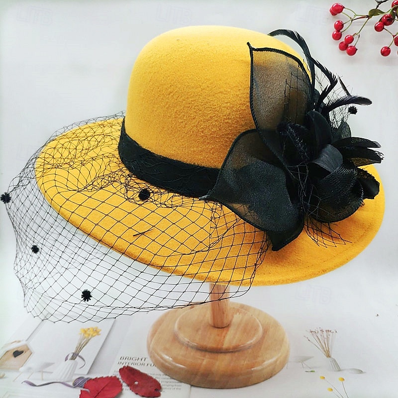Vintage Fedora Bucket Hat with Removable Mesh Flowers Feathers Elegant Ladies Bowler Hat Winter Warm Wide Brim Church Derby Hat for Wedding Race Banquet 2025 - $23.99 –P17