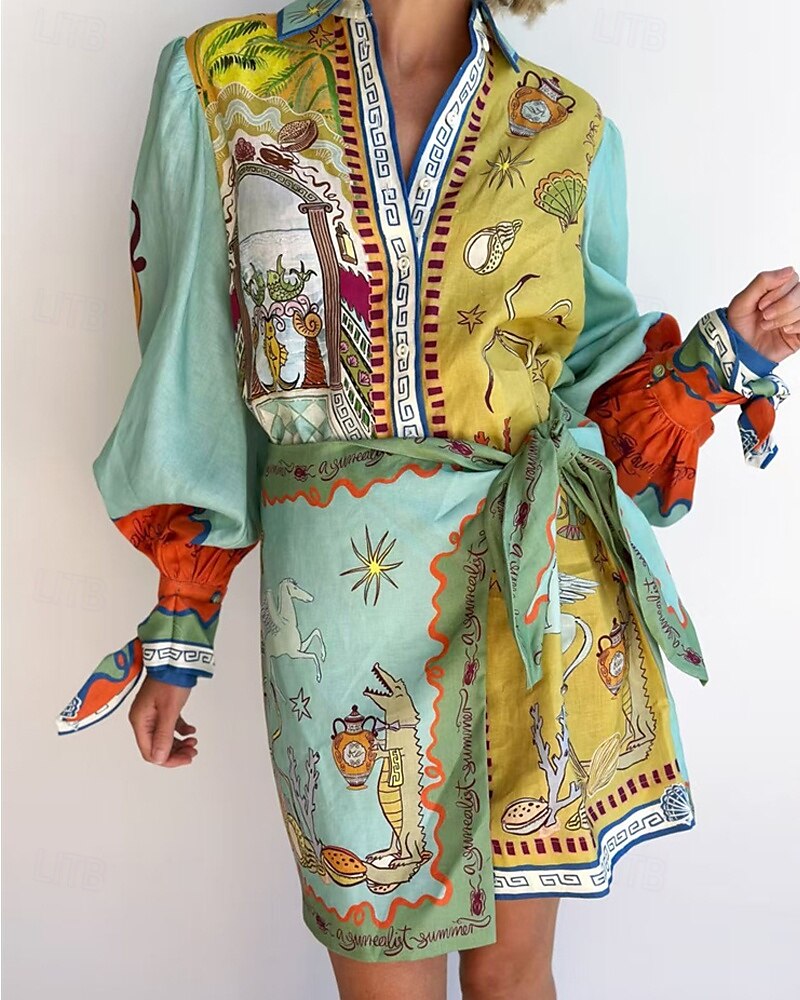Femmes Mini Robe Robes en coton et lin Robe Décontractée Mode Extérieur Soirée Fête Coupe régulière Animal manche longue Col de chemise Vert Été de 2025 ? $46.99 –P1