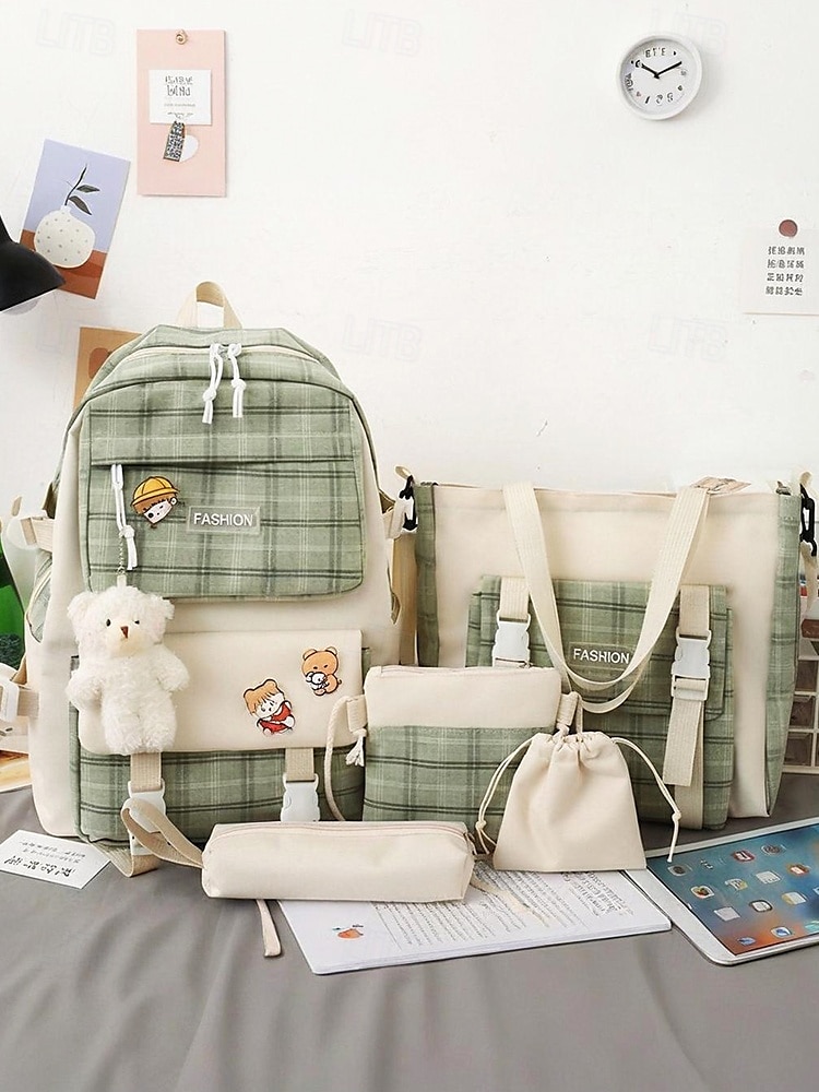 Dívčí 5dílná sada školního batohu s taškou přes rameno, peněženkou a peněženkou na mince - roztomilý patchworkový kostkovaný design, lehká a odolná, vhodná pro teenagery a každodenní nošení. 2025 - $32.99 –P4