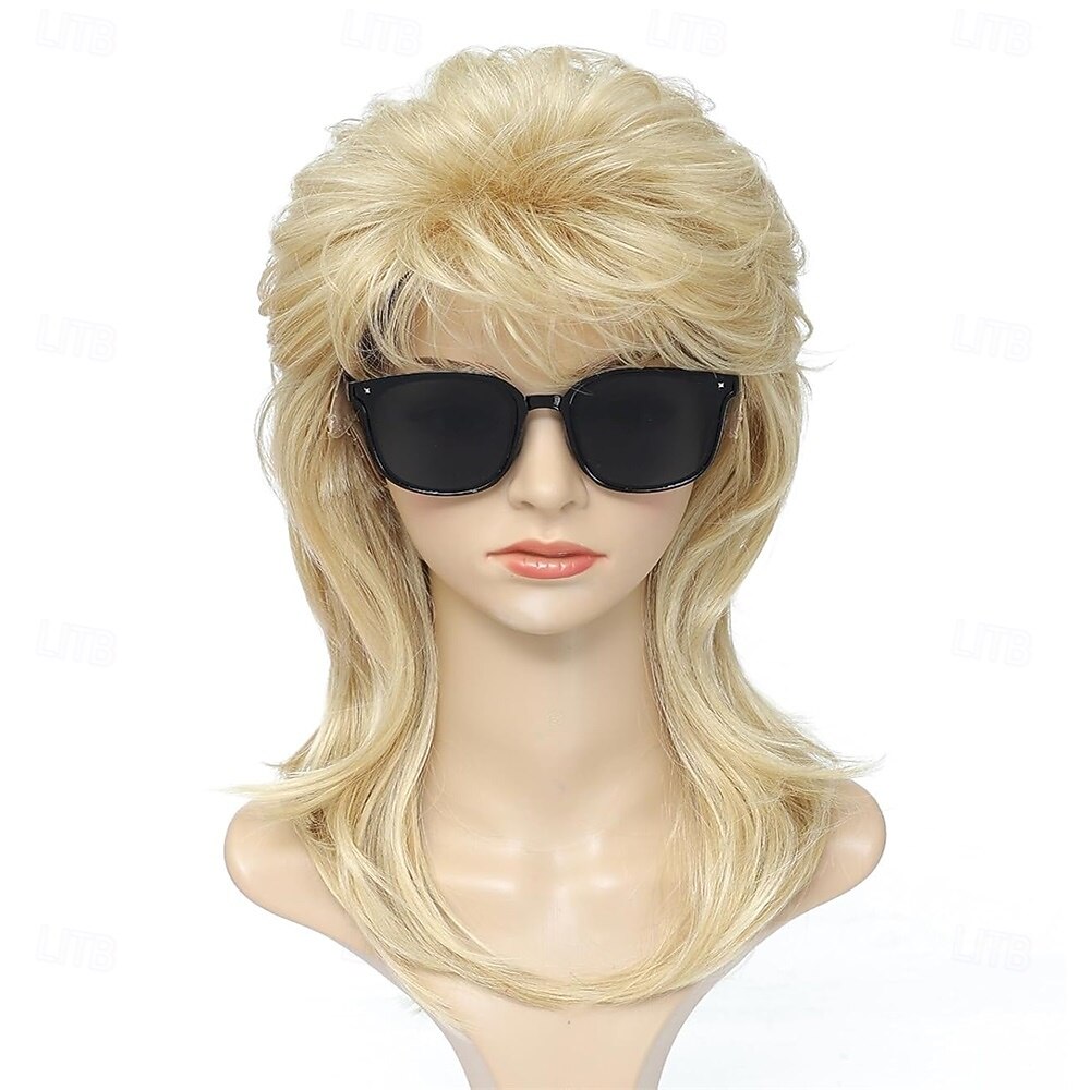 Mullet paruky pro ženy kudrnaté syntetické odolné vůči teplu vlasy po ramena 80. léta rocker cosplay paruky (blond smíchané s černou) Halloween paruky 2025 - $24.99 –P2