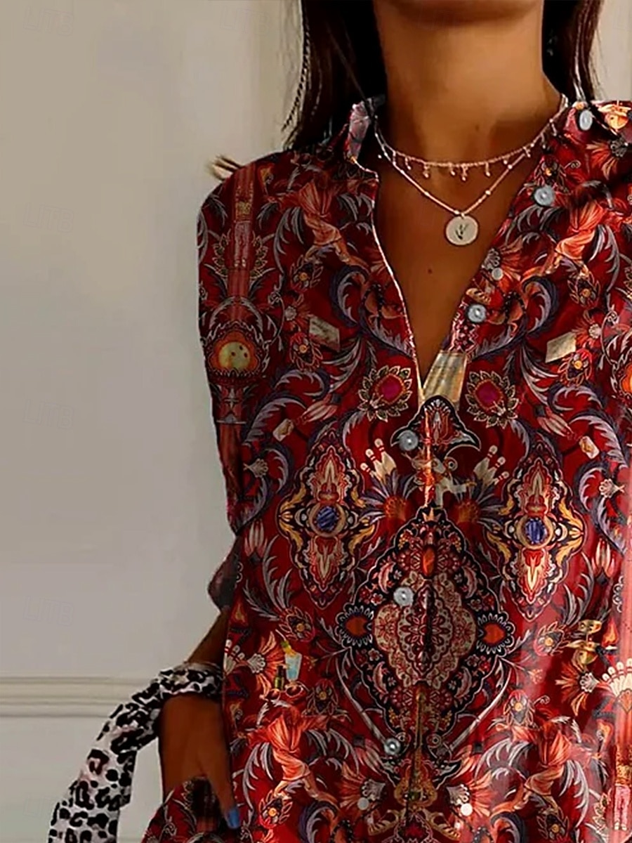 Women's Shirt Floral Graphic Paisley Bohemia Vintage Western Long Sleeve Shirt Collar Regular Tops Daily Holiday Vacation Wear Buttons Print Maroon Blue Rose Pink Summer Spring 2025 - $32.99 –P2