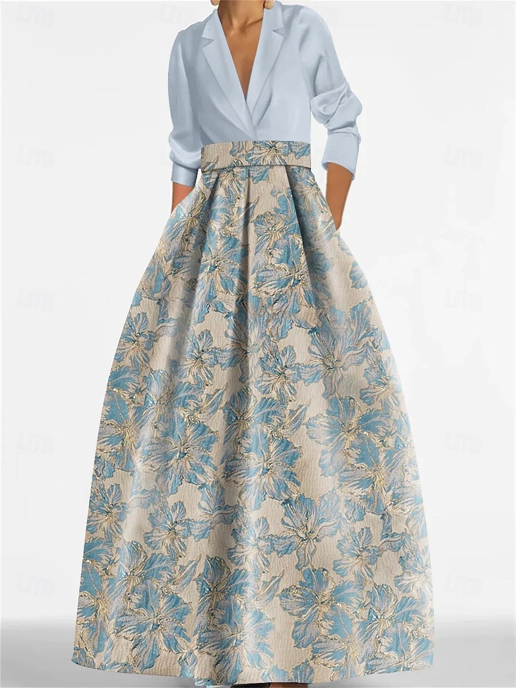 Robe de soirée A-Line élégante robe formelle longueur de sol manches longues col chemise satin avec fente robe invitée de mariage de 2025 ? $142.99 –P1