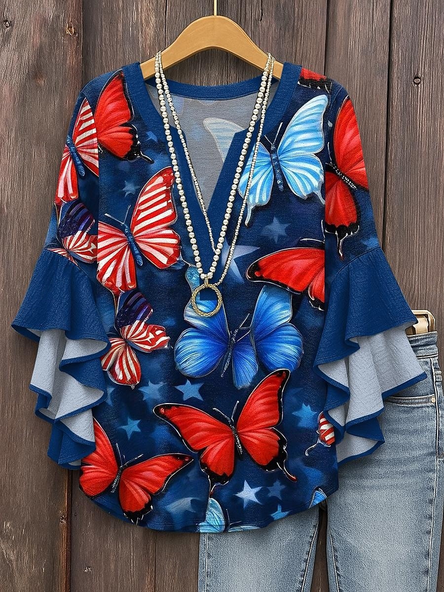 Women's Patriotic  Blouse Layered Ruffle Sleeve Tops Graphic Flag Bohemia Vintage Ethnic 3/4 Length Sleeve V Neck Tops Daily Holiday Vacation Wear Print Red Royal 2025 - $29.99 –P5