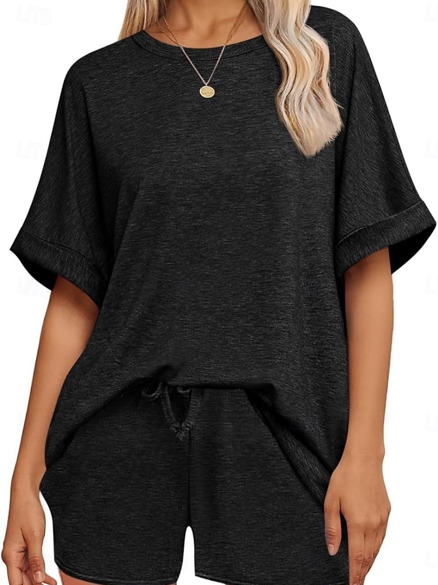 Dam Set med shorts Bolero Top Kortärmad Rund hals Ensfärgat Snörning Mode Streetwear Ledigt Dagligen Utomhus Blå Svart Brun Sommar Lös passning 2026 - $31.99 –P10