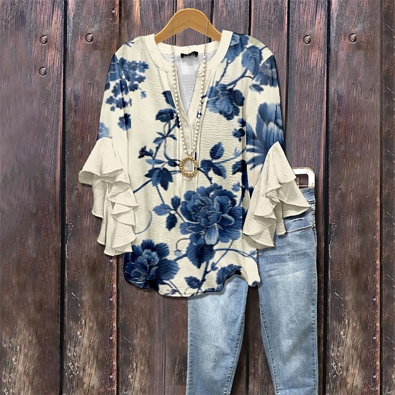 Women's T Shirt Tee Top Ruffle Print Floral Graphic Fashion Modern Half Sleeve V Neck Regular Tops Daily Going out Blue Royal Blue Dusty Blue Summer Spring 2026 - $26.99 –P1