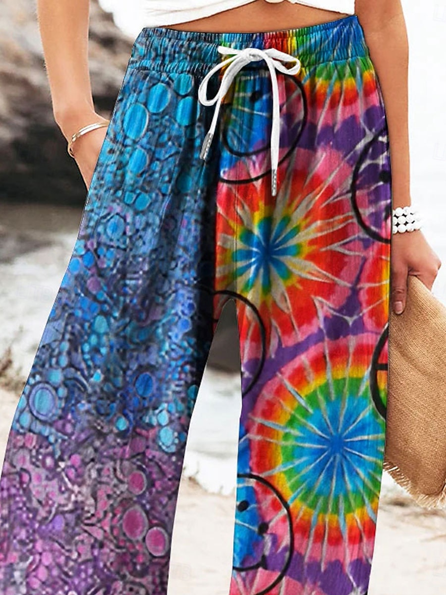 Women's Wide Leg Chinos Baggy Pants Vacation Vintage Fashion Full Length High Waist Graphic Geometric Color Block Printing Micro-elastic Formal Vacation Street Robin's Egg Blue Summer Spring Regular 2025 - $24.99 –P2