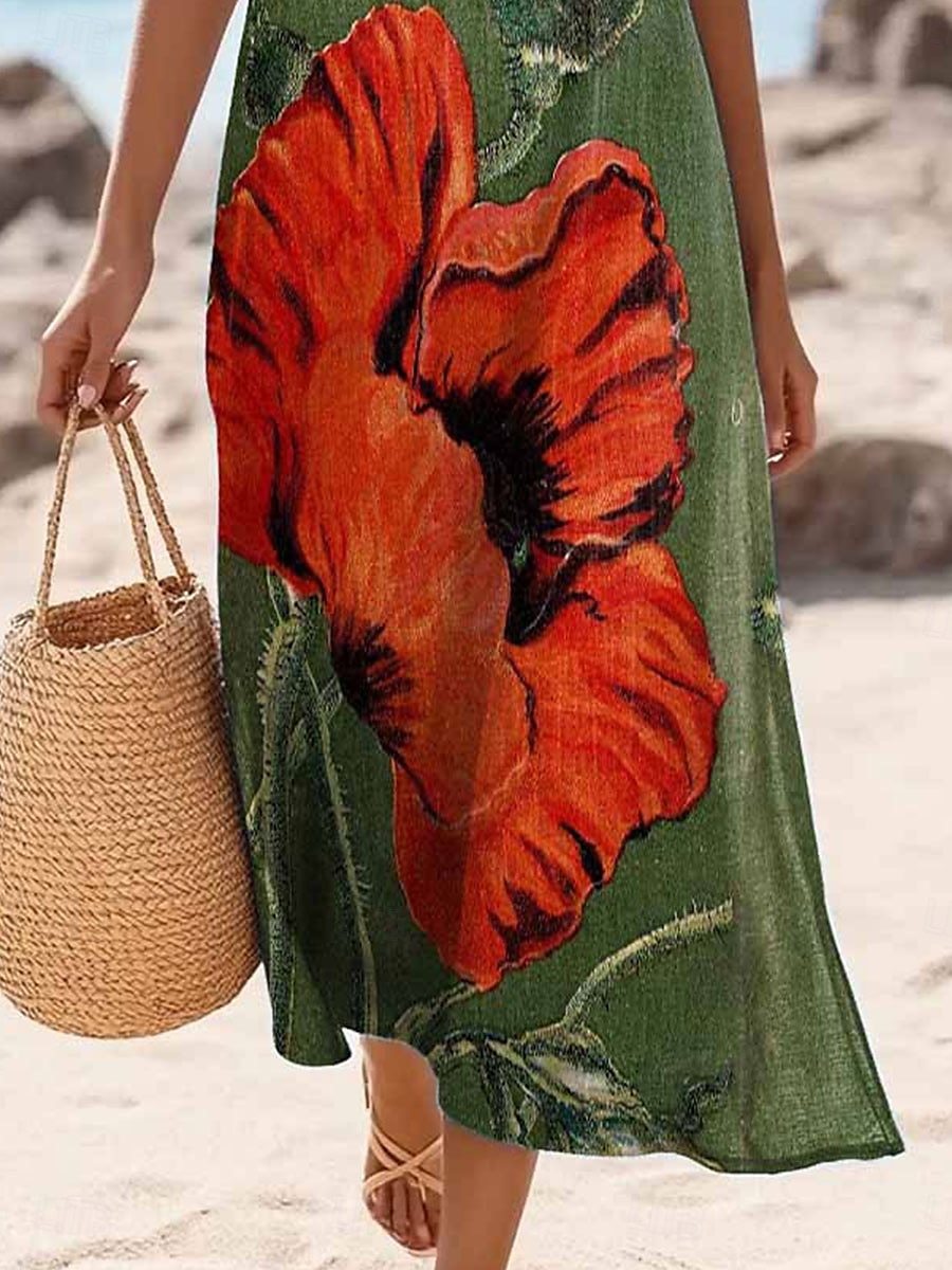 Damen Maxikleid Sommerkleid Shiftkleid Schulterfreies Kleid Lässig Ausgehen Strand Normale Passform Blumen Grafik Ärmellos V Ausschnitt Grün Sommer Frühling 2025 - $36.99 –P3