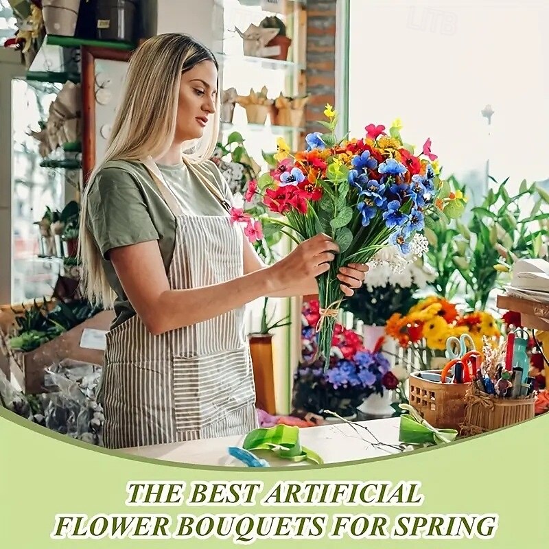 38 bunter kunstige blomster til utendørs bruk, imitert vårgressfiolett, silketrykte vannplanter, eukalyptusblader, UV-bestandig for hage, veranda, terrassedekor 2025 - $30.99 –P4