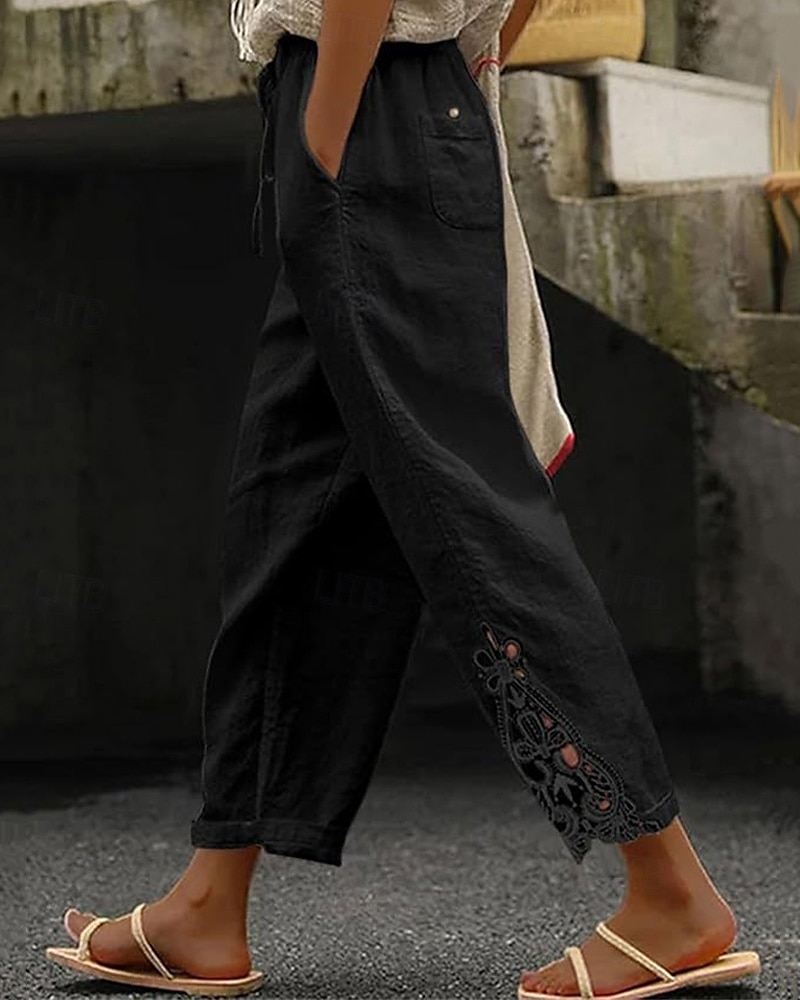 Women's Poly-Cotton Linen Texture Pants Cropped Pants Fashion Streetwear Comfort Ankle-Length Mid Waist Plain Lace Comfy Comfortable Street Daily Wear Going out Black White Blue Green Summer Regular 2025 - $14.49 –P5