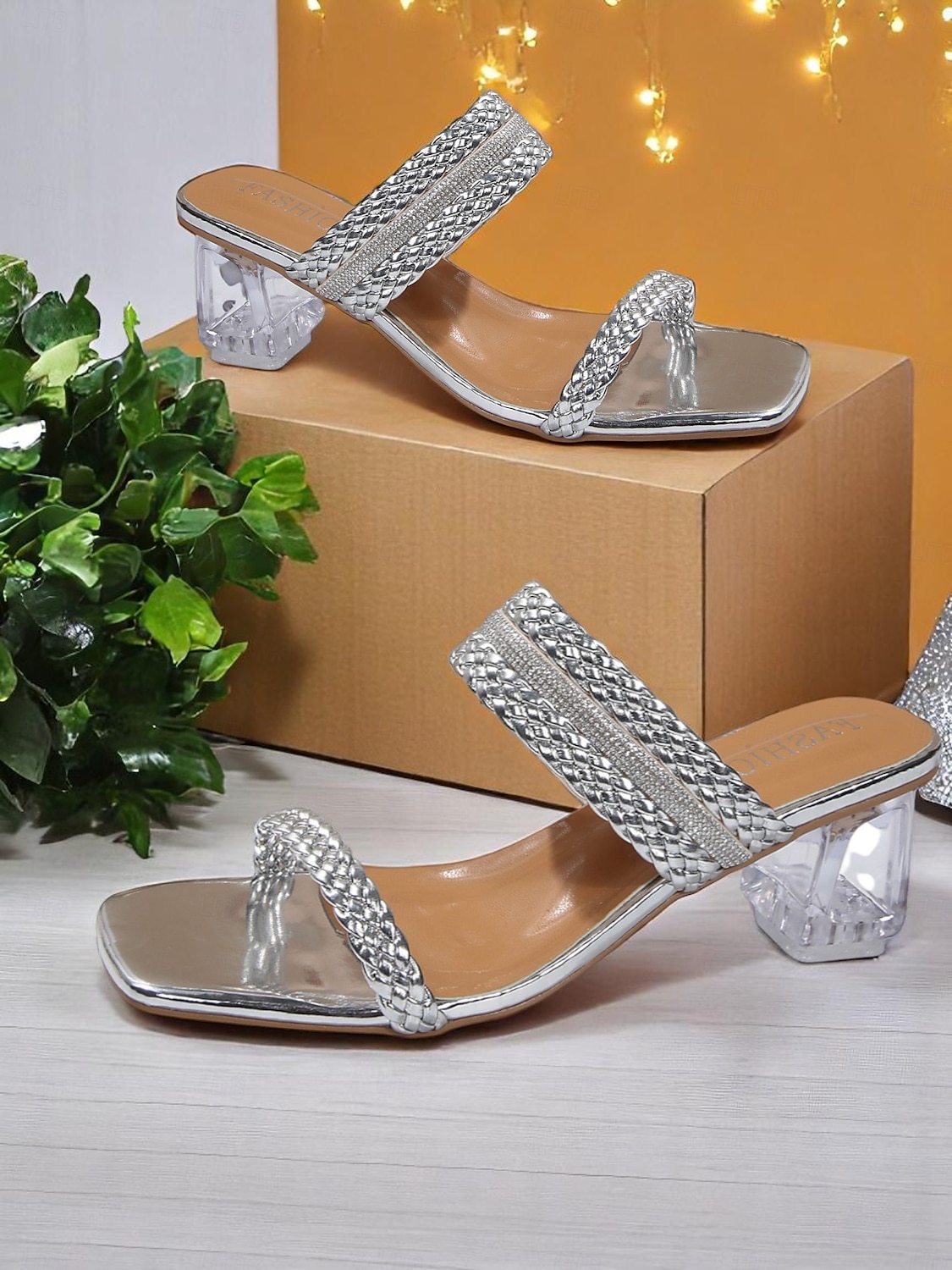 Women's Gold Braided Strap Slide Sandals with Clear Block Heels - Sparkly Open Toe Party Shoes for Nightlife and Clubwear 2025 - $26.99 –P1