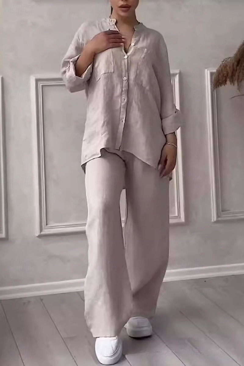 Completo da donna 100% cotone cotone lino camicia a maniche lunghe colletto tinta unita attivo basic casual quotidiano nero bianco giallo estivo vestibilità regolare del 2026 a $32.99 –P4