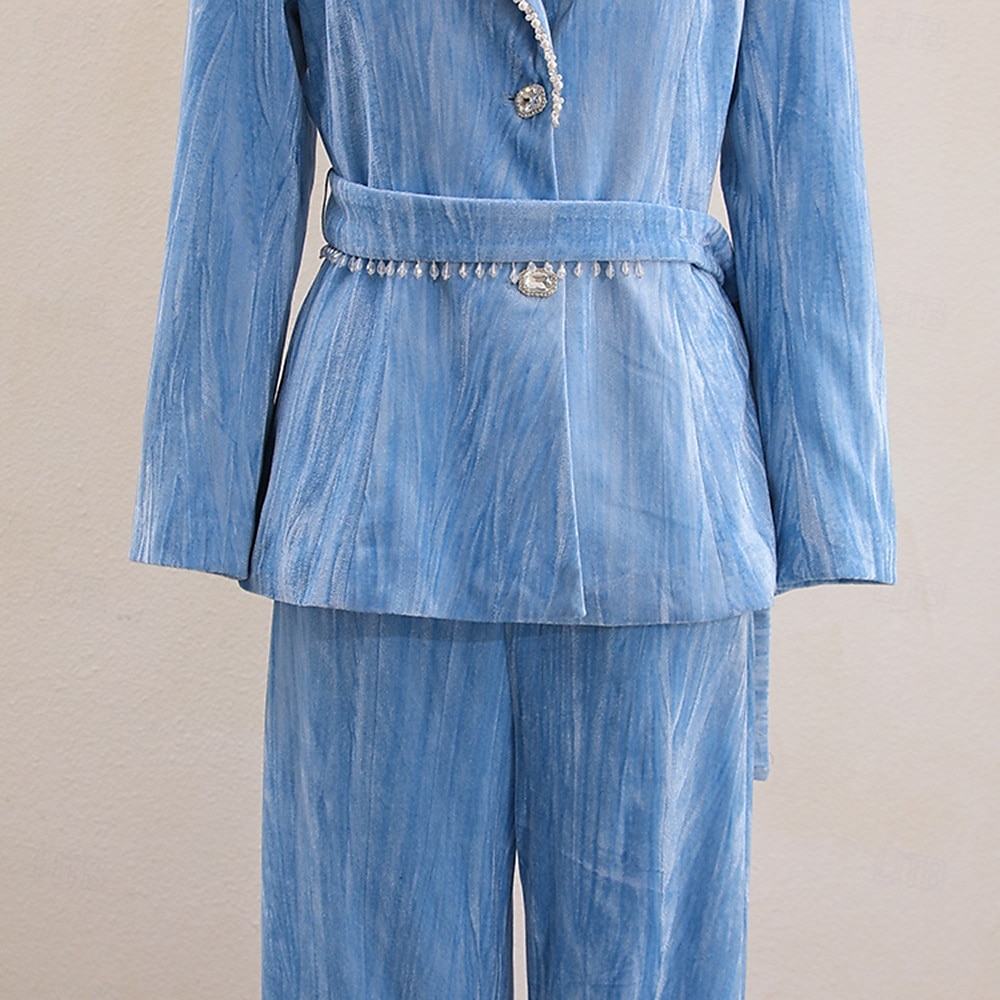 Blue Velvet Pantsuit Mother of the Bride Suit Elegant Minimalist Notched Lapel Floor Length Long Sleeve with Pearls 2025 - $129.99 –P8