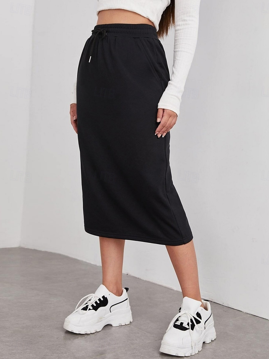Ženská sukně jednobarevná módní casual maxi sukně s vysokým pasem jednoduše kapsa elastická street denní černá šedá léto polyester 2025 - $17.99 –P9