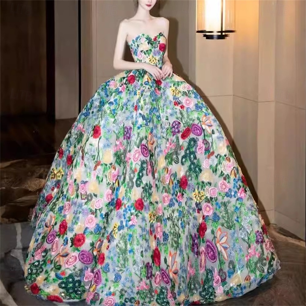 Abito da Ballo Quinceanera Elegante Abito Formale Matrimonio Lunghezza Piena Senza Maniche Senza Spalline Tulle Senza Schiena con Stampa Floreale Abito Ospite Matrimonio 2025 del 2025 a $219.09 –P1