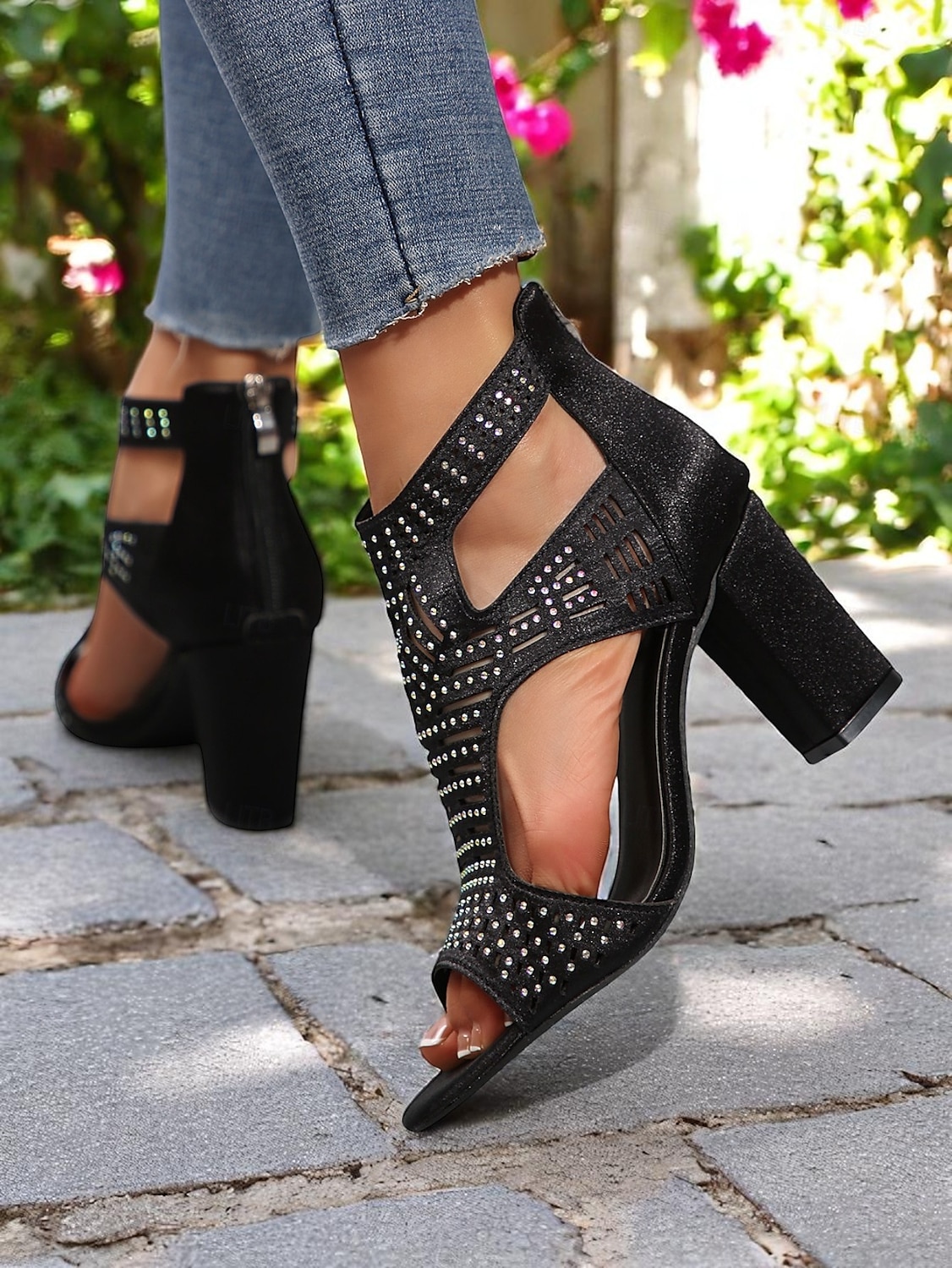 Sandales à talons carrés découpées en strass noires pour femmes - Bottines élégantes en maille à bout ouvert pour les rendez-vous quotidiens et les sorties décontractées de 2025 ? $42.99 –P4