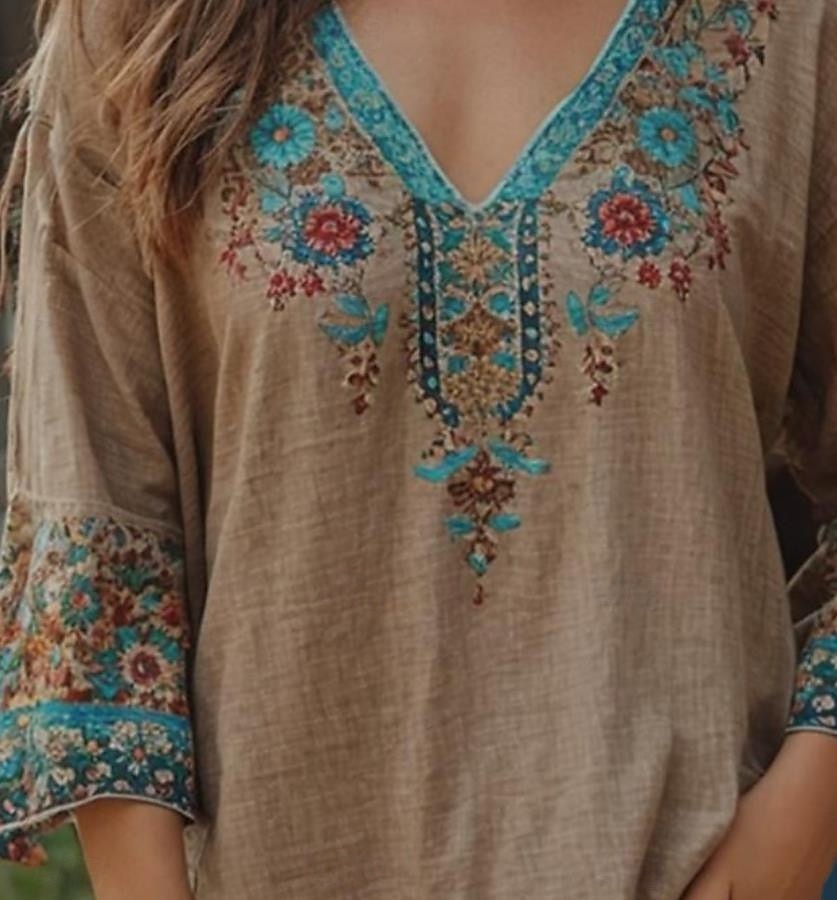 Per donna Blusa Floreale Grafico Paisley Bohemien Vintage Tropicale Manica 3/4 Scollo a V Top Regolari Arricciato Stampato Cachi Estate Primavera del 2025 a $24.99 –P2
