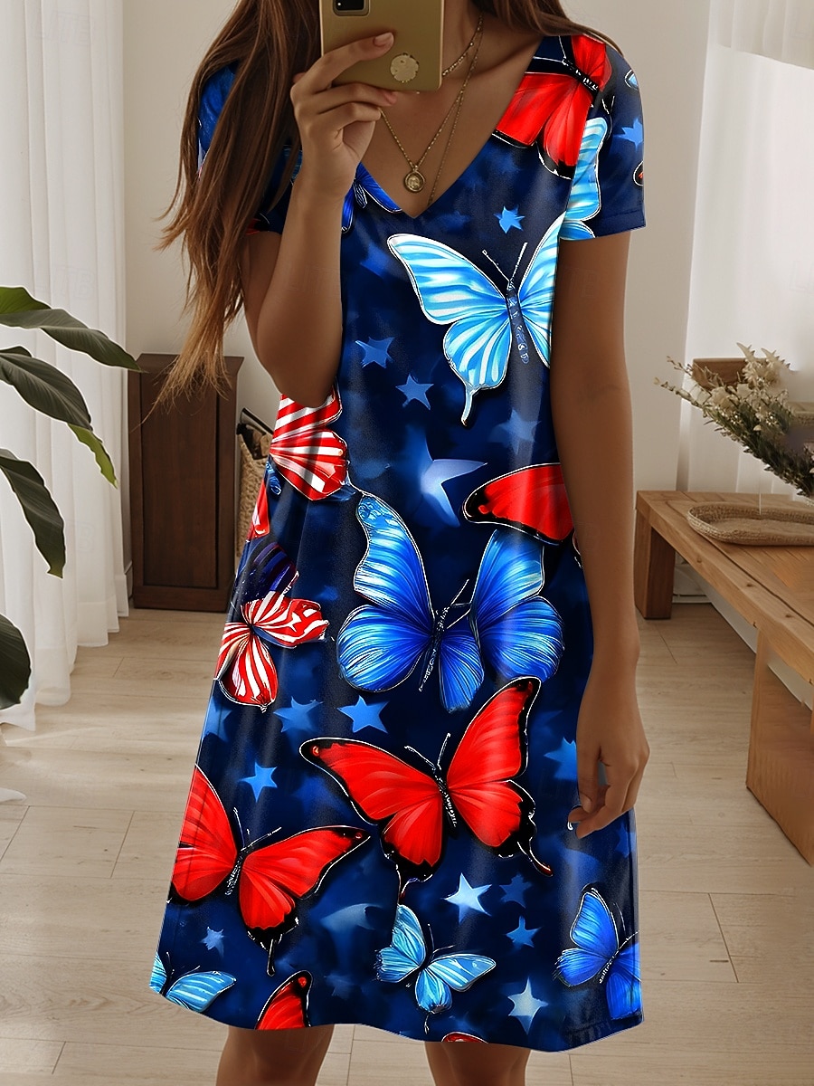 Festa dell'Indipendenza Abito Mini Patriottico da Donna Abito Casual Elegante Casual Giornaliero Vestibilità Regolare Bandiera Rosso Bianco e Blu Maniche Corte Collo Girotondo Blu Estate del 2026 a $24.99 –P6