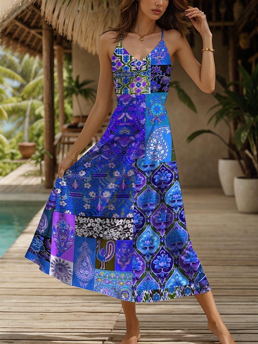 Dam Maxiklänning Solklänning A linjeklänning Slipklänning Semester Ledigt Boho Strand Normal Grafisk Årgång Bohemisk Ärmlös V-hals Gul Rubinrött Blå Purpur Sommar Vår 2025 - $28.99 –P4