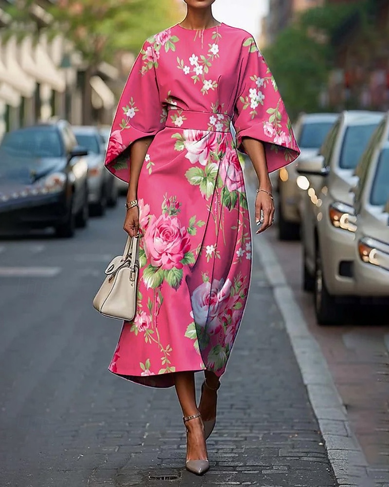 Women's Midi Dress Floral Dress Print Dress Classic Modern Daily Vacation Holiday Regular Fit Flower Half Sleeve Crew Neck White Yellow Pink Summer 2026 - $26.99 –P2