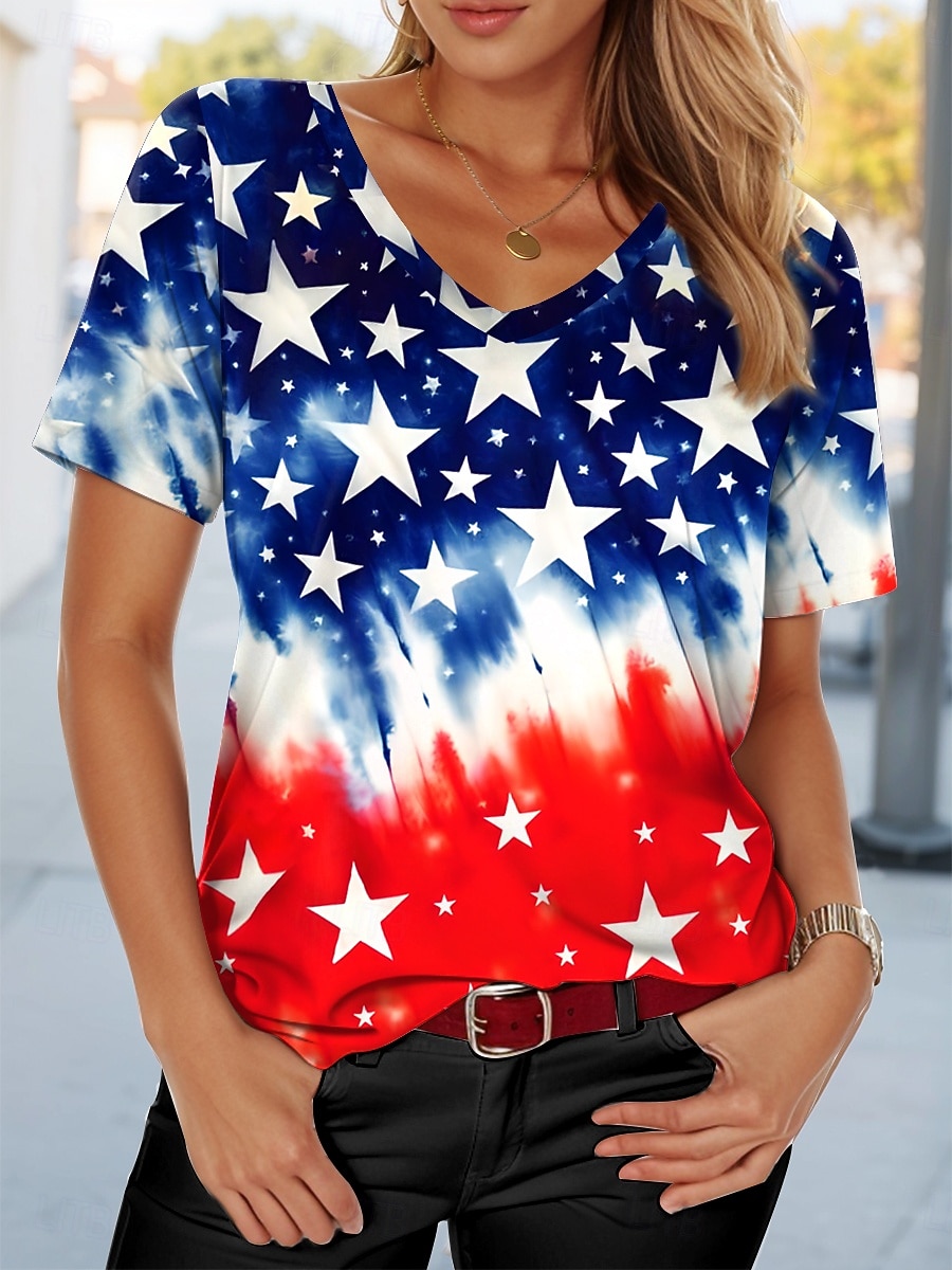 تي شيرت نسائي بطرز وطني لعيد الاستقلال علم عادي أحمر أبيض وأزرق بأكمام قصيرة ياقة V تي شيرت عادية يومية حمراء صيفية 2026 - $21.99 –P6